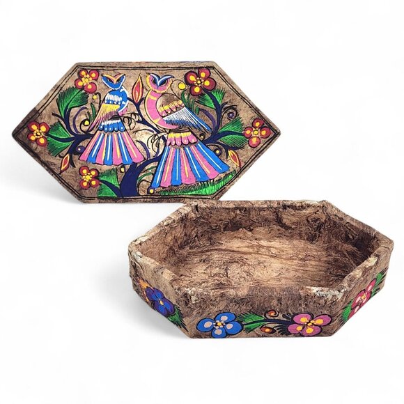 Vintage Hand Painted Cajas Taxco Boho Trinket Box Owl Decor Mexican Folk Art 7" - Picture 6 of 9